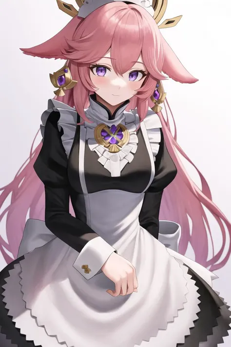 masterpiece, best quality, <lora:FEFatesMaid_v1:1>, fates maid, maid, maid headdress, maid apron, enmaided, 
1girl, solo, standing, pink hair, purple eyes, fox_ears, <lora:yaeMikoGenshinImpact_v10:0.7>, yaemikornd