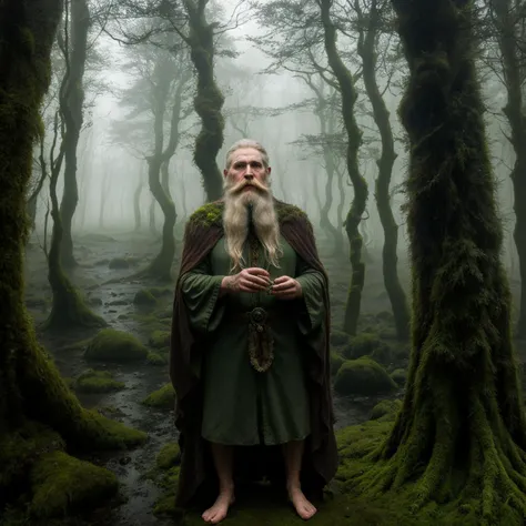 Ancient druid in an enchanted Irish forest, glowing eyes, fog, long white beard, wizard robes, hanging moss, moist