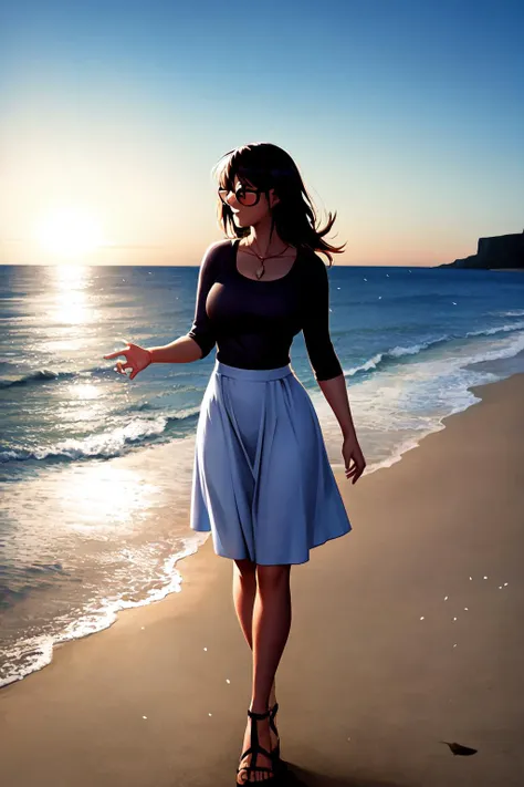 woman enjoying a stroll the beach. age 35. sunlight reflecting on the ocean. volumetric light. reflection, refraction.