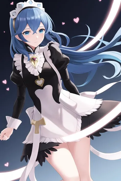 masterpiece, best quality, <lora:FEFatesMaid_v1:1>, fates maid, heart
1girl, solo, standing, blue hair, blue eyes, long hair, floating hair, lucina (fire emblem),