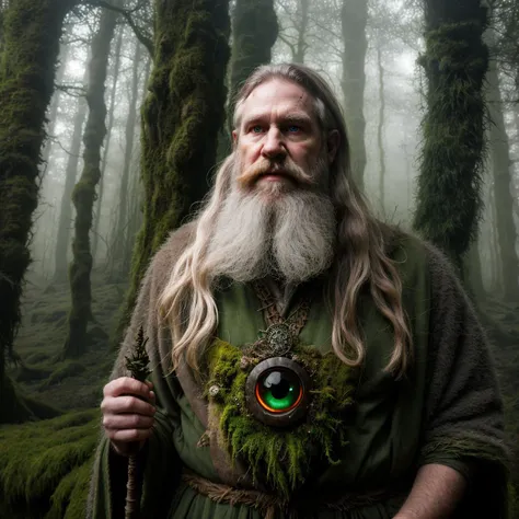 Ancient druid in an enchanted Irish forest, glowing eyes, fog, long white beard, wizard robes, hanging moss, moist