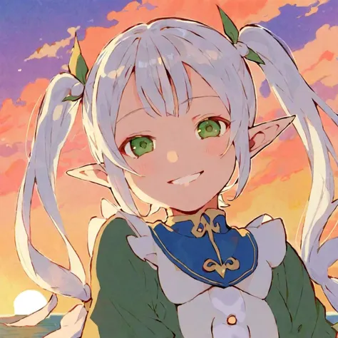 <lora:Atsushi_Ohkubo_Style-000007:1>, <lora:frieren-10:1>, Frieren, adult, white pigtails hair style, green eyes, elf ears, smiling, sunset background, art by Atsushi Ohkubo