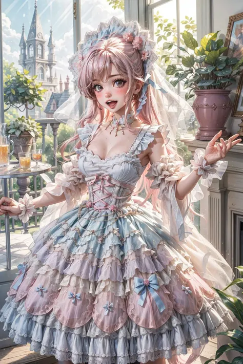 ((best quality, masterpiece)), ((style-swirlmagic):0.5), 1girl, lolita_dress , mansion , living room, plants at window, blush , open mouth, <lora:more_details:0.5>, <lora:lolita_dress_classic_1_v3:0.5> <lora:DI_belle_delphine_v1:0.45> <lora:HannaHowo-Shuri...