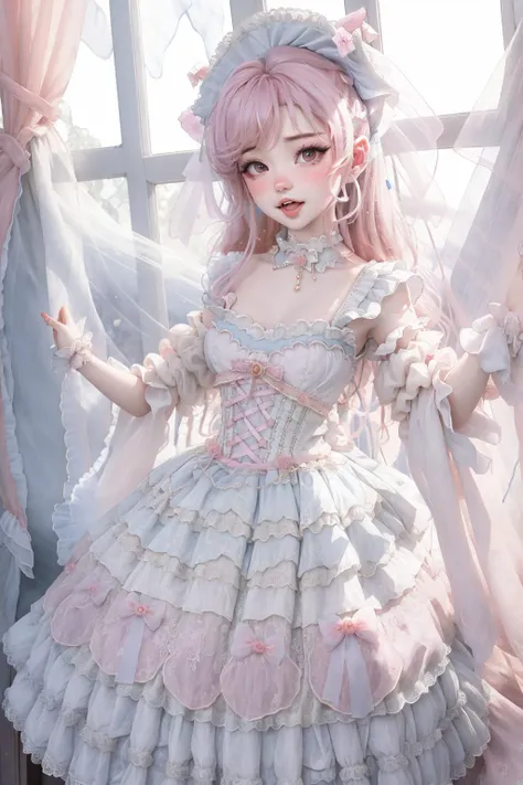 a close up of a woman in a dress with a pink hair