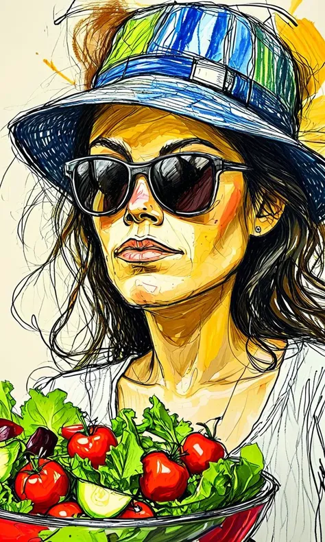 a drawing of a woman wearing a hat and sunglasses holding a bowl of vegetables