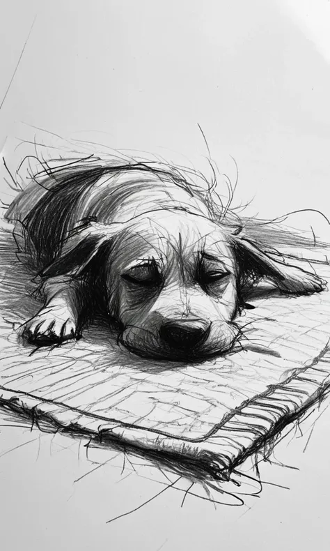 drawing of a dog laying on a rug with his head on the floor