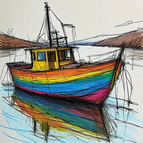 a brightly colored boat floating on a body of water