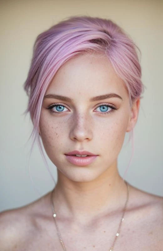 a close up of a woman with pink hair and a necklace