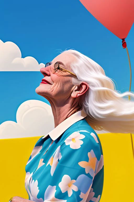 masterpiece, high quality, older woman, long flowing white hair, blue dress, in the sky, flowers, plants, yellow background, J_web_illustration <lora:bA^sSwebcu;:0.8>