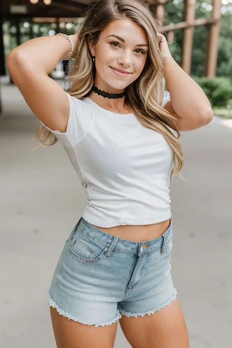 a woman wearing a white top and denim shorts