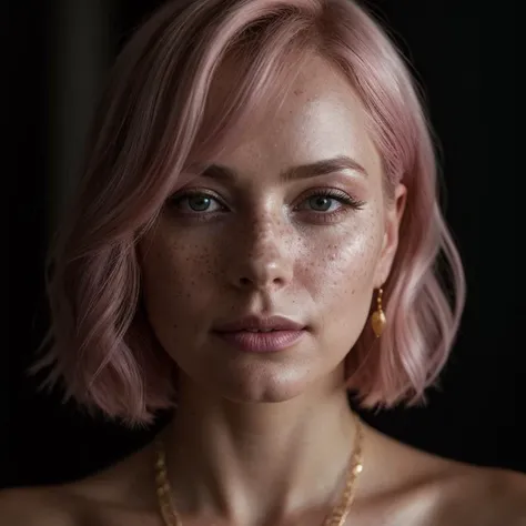 a woman with pink hair and freckled skin looks at the camera