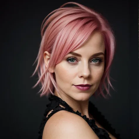 A Photograph capturing the grace of a modern, professional woman with mesmerizing pink hair, exuding confidence in a dark themed professional marketing portrait.