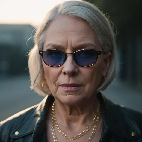 super cute blue blond woman 80 years old in a dark theme,90s,gansta rapper.Boss gangster in sunglasses and gold chain. smokes a cigar,((( realistic))),(((professionally lit face))),(16k),street,dark,shadows,uhd,dslr,soft lighting,(backlight),high quality,(...