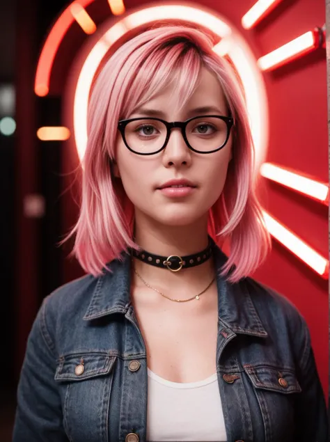 woman  28 years hipster punk girl in stylish glasses standing on red tunnel with neon light wall background, female teenager fashion model pretty young woman looking at night club city light glow,pink hair,raw photo,portrait, realistic face skin,16k uhd, d...