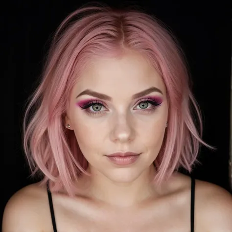 a close up of a woman with pink hair and a black top