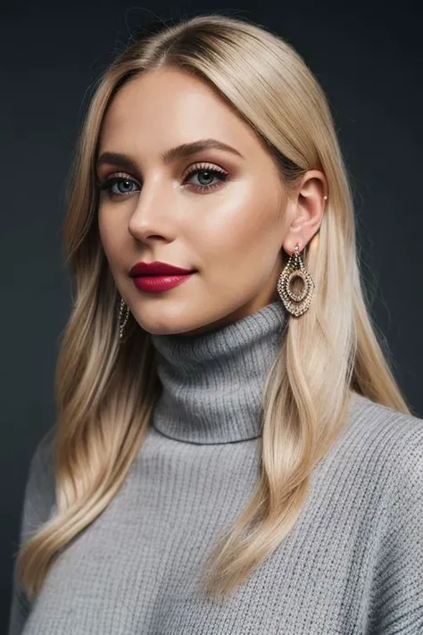 1girl,blonde hair,cowboy shot,earrings,gradient,gradient background,grey background,jewelry,lips,long hair,long sleeves,looking at viewer,nail polish,nose,pants,parted lips,realistic,smile,solo,standing,sweater,turtleneck,turtleneck sweater,raw photo,8k,re...