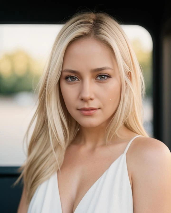 a woman with long blonde hair and a white dress posing for a picture