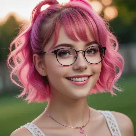 a close up of a woman with pink hair and glasses smiling