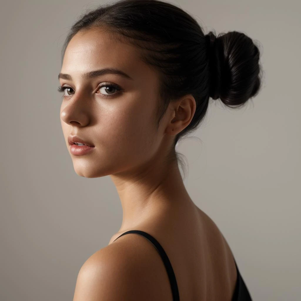 a close up of a woman with a black top and a ponytail