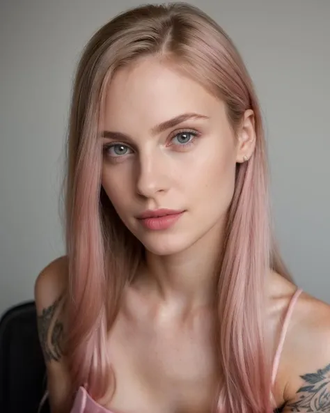 a woman with pink hair and tattoos posing for a picture