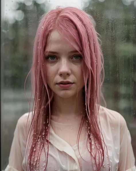 arafed woman with pink hair standing in front of a window