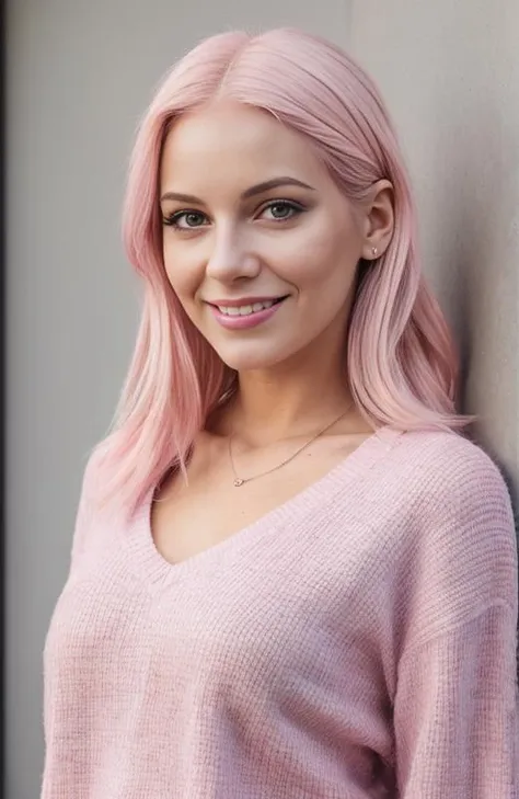 a woman with pink hair and a pink sweater posing for a picture