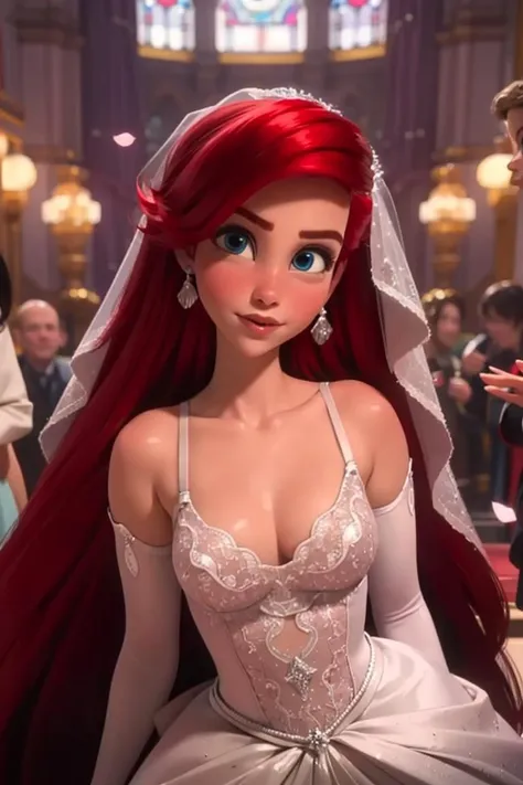 modelshoot style, looking at viewer, upperbody,
arielodd, 1girl, lips, red long hair, blue eyes, wedding white dress, puffy shoulders, wedding veil, lingerie, collarbone, elbow gloves,
glistening skin, church, bustling crowd,
<lora:Ariel_V3-04:0.75>