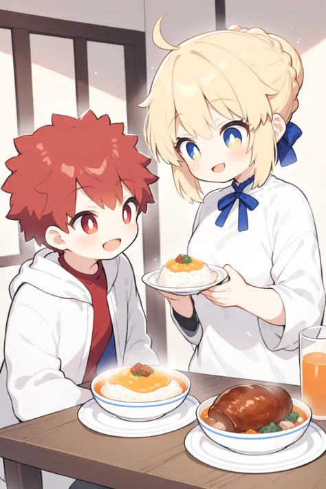 anime image of a couple of people sitting at a table with food