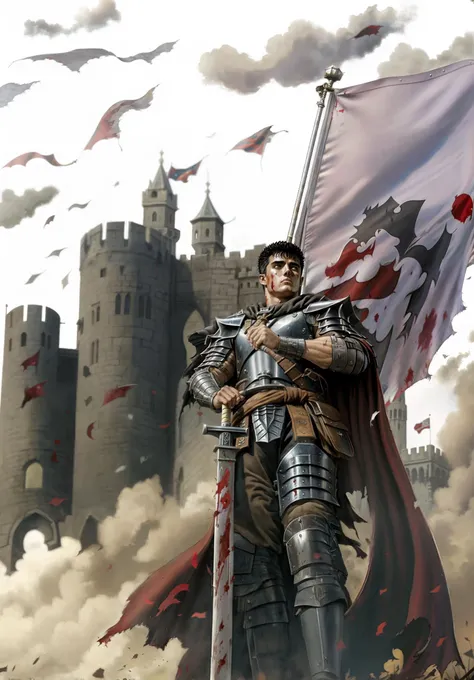 masterpiece, best quality, highly detailed, guts (berserk),HANDSOME face,iron  armor,  black hair,( torn  cape:1.3), flag,(flag pole), helmet, (dirt in the air),  standing, male focus, manly, multiple boys, big sword,(shining sword:1.3),( sword reflect lig...