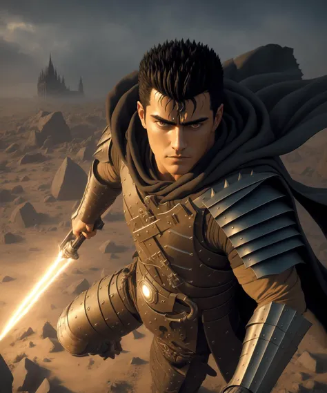 guts (berserk), manly, scar, dynamic angle, from above, running fighting stance, attack battle form, floating debris dust stones winds, armor, scar, bandages, black hair, cape, male focus, traditional media, <lora:Char-Berserk-Guts-05:0.7>, cowboy shot, st...