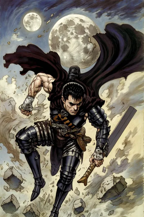 masterpiece, best quality, ultra-detailed, illustration, guts (berserk), solo,  dynamic angle, from above, running fighting stance, attack battle form, floating debris dust stones winds,armor,  one eye closed, scar, bandages, black hair, cape, male focus, ...