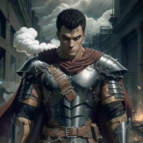 portrait of guts from berserk,  guts (berserk) ,berserk armor, black hair,  one eye closed, looking at viewer, black armor, dark armor, black cape, complete darkness, evil aura, gloomy, ancient city, darkness, fog, smoke, underworld, ancient structures, un...