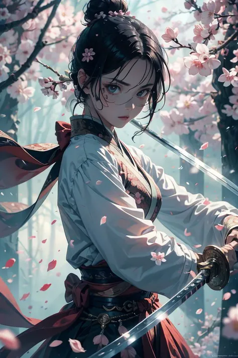 Sword Sakura,upper_body,1girl,weapon,sword,black hair,petals,cherry blossoms,long hair,chinese clothes,blurry,hair bun,hair ornament,holding weapon,looking at viewer,holding sword,holding,long sleeves,facial mark,single hair bun,flower,
outdoors,best quali...