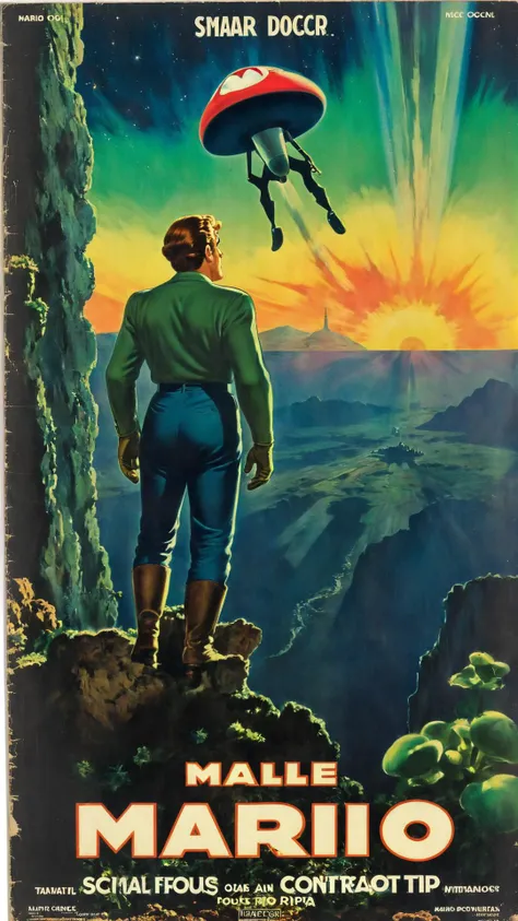 breathtaking scenery,   (((background focus))),  Contrapposto pose , Comb over,   acid trip, sci fi, vintage, ((Movie Poster)),  ((male focus)), italian man, cinematic, with title "MARIO" on it ,Movie Poster, MoviePosterRedAF, <lora:Wiz-VintageComicBookCov...