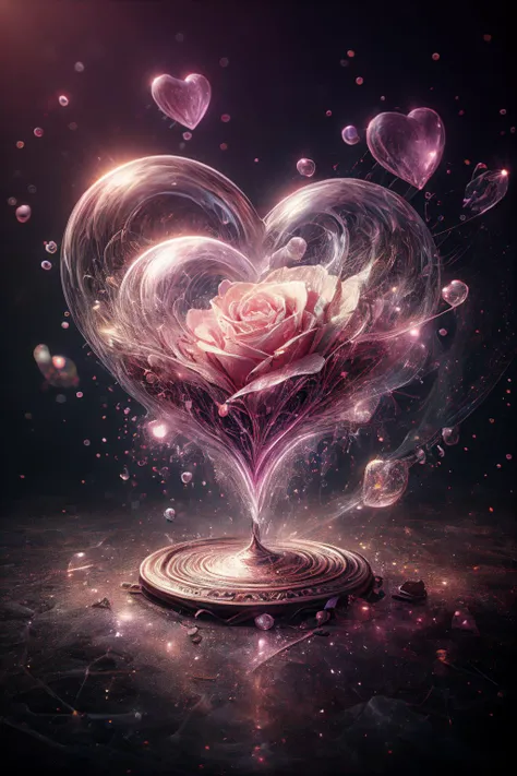 a heart shaped rose surrounded by bubbles and bubbles