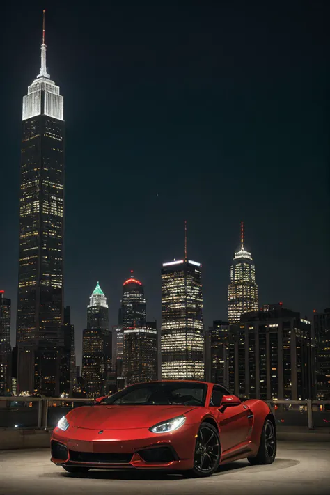 a red sports car parked in front of a city skyline