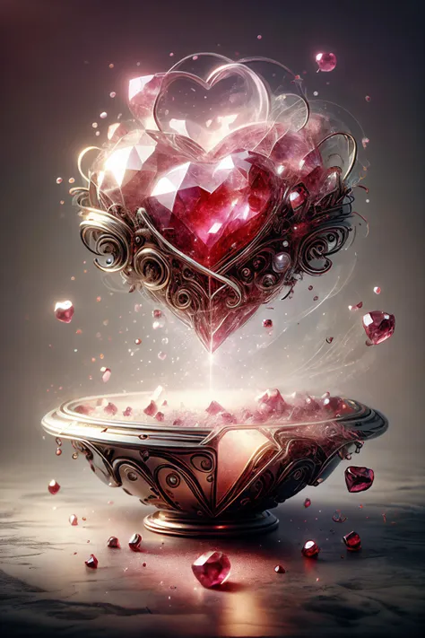 a heart shaped object with a lot of diamonds flying out of it