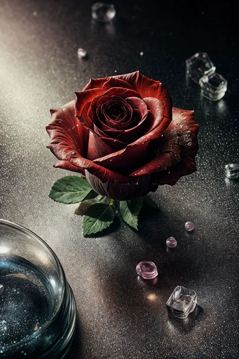 there is a rose that is sitting on a table with some water