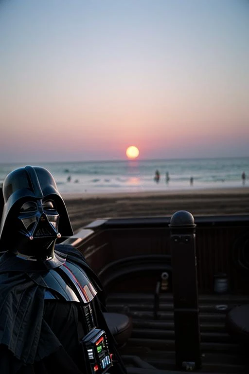 darth vader is sitting on a bench at the beach