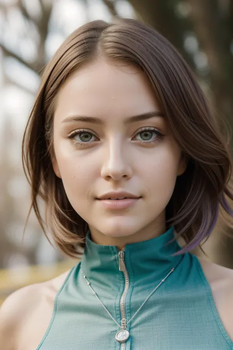 a close up of a woman with a necklace on her neck