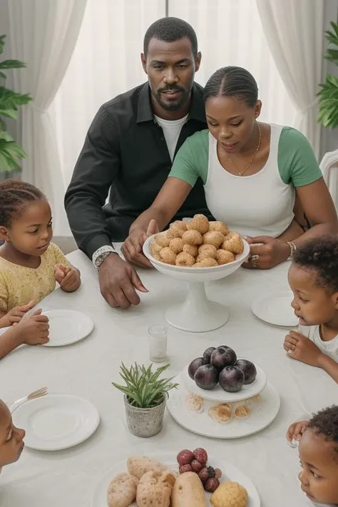 araffe family sitting at a table with a plate of food