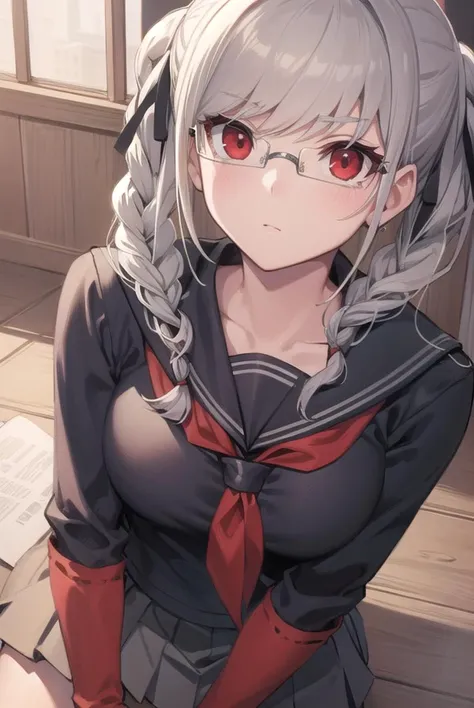 pekopekoyama, <lyco:pekopekoyama-lyco-nochekaiser:1>,
peko pekoyama, braid, long hair, (red eyes:1.5), twin braids, glasses,
BREAK black pantyhose, black shirt, brown footwear, collarbone, pantyhose, pleated skirt, school uniform, serafuku, shirt, shoes, s...