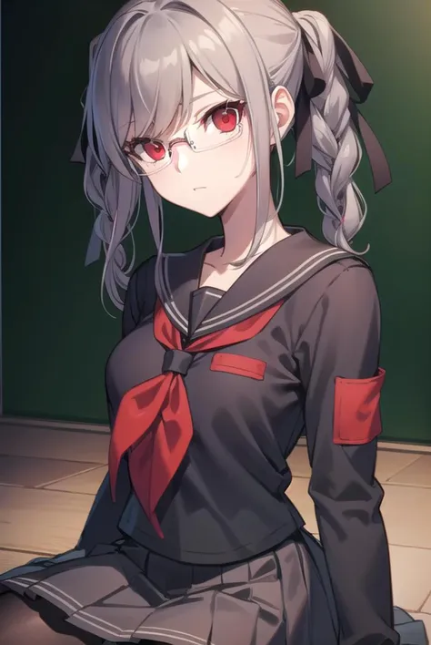 pekopekoyama, <lyco:pekopekoyama-lyco-nochekaiser:1>,
peko pekoyama, braid, long hair, (red eyes:1.5), twin braids, glasses,
BREAK black pantyhose, black shirt, brown footwear, collarbone, pantyhose, pleated skirt, school uniform, serafuku, shirt, shoes, s...