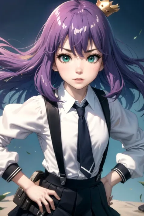 (detailed face and eyes:1.3),Hands on hips pose:1.2,(close-up:1.3), 
<lora:torchan-10:1>,torchan,1girl,solo,long hair,purple hair,green eyes,mini crown,shirt,long sleeves,necktie,ahoge,suspenders,suspender skirt,single thigh strap,holster,kneehighs,
Ultra-...