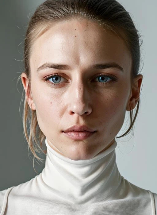 A stunning intricate color close up portrait of (sks woman:1) , wearing white turtleneck, epic character composition, sharp focus, natural lighting, subsurface scattering, f2, 35mm, film grain, , by Jimmy Nelson, <lora:lora-small-vera-farmiga-v1:1>