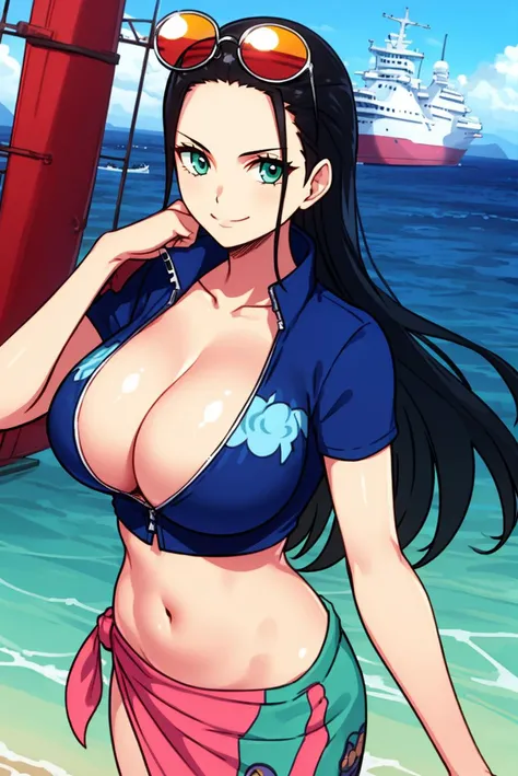 nico robin, 1girl, aqua eyes, black hair, breasts, cleavage, closed mouth, collared jacket, cowboy shot, crop top, cropped jacket, extra hands, eyewear on head, hair slicked back, hand up, high collar, jacket, large breasts, long hair, looking at viewer, m...