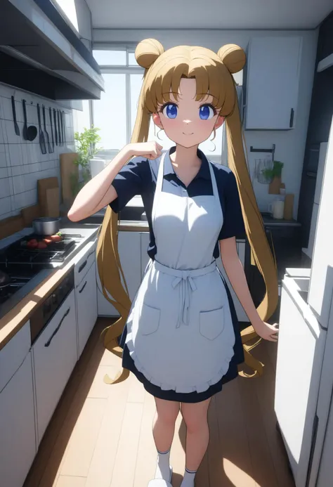 anime girl in a kitchen with a white apron and blue eyes