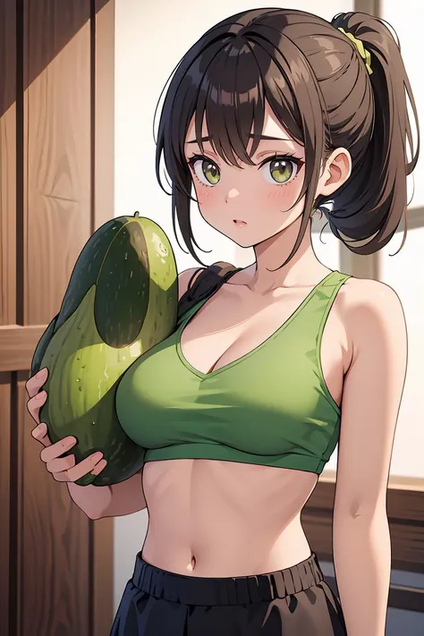 anime girl with green eyes holding a green avocado