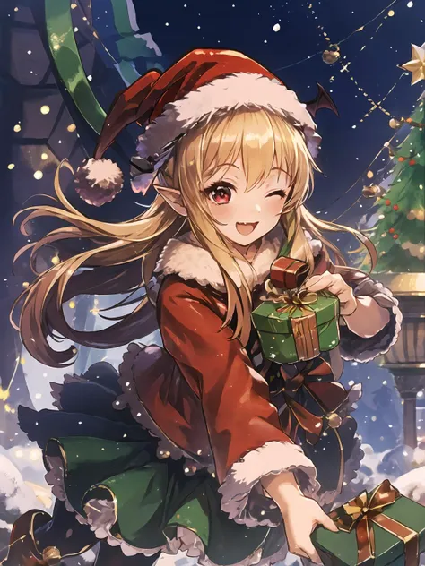 a girl in a santa hat holding a green box