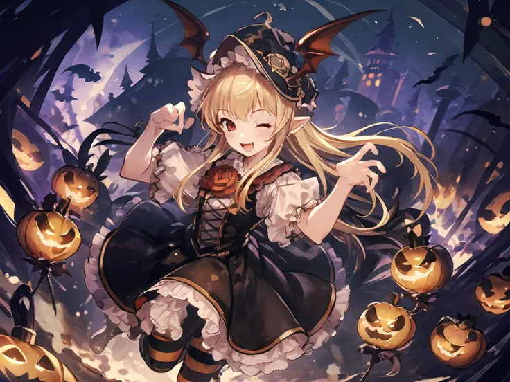 anime girl in a witch costume with pumpkins and bats